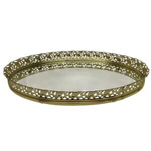 VTG Ornate Gold Mirrored Dresser Tray Oval Vanity Accent Gold Filigree Edge MCM